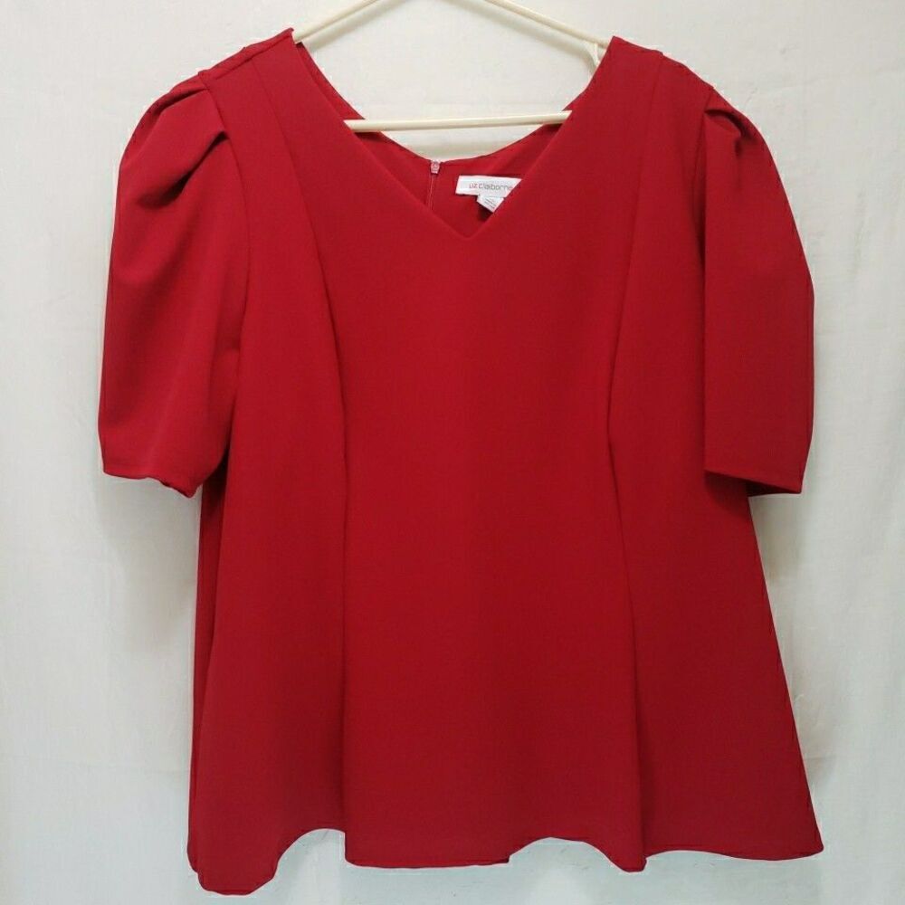 Liz Claiborne Red V-Neck Blouse 2X Puff Short Sleeve Back Zip Peplum Top Plus